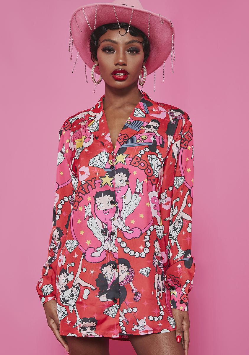 Betty Boop Satin Collared Graphic Button Up Shirt Dress Red – Dolls Kill