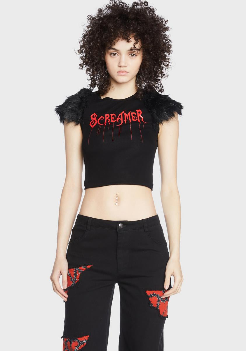 Current Mood Screamer Baby Faux Fur Trim Tee - Black – Dolls Kill