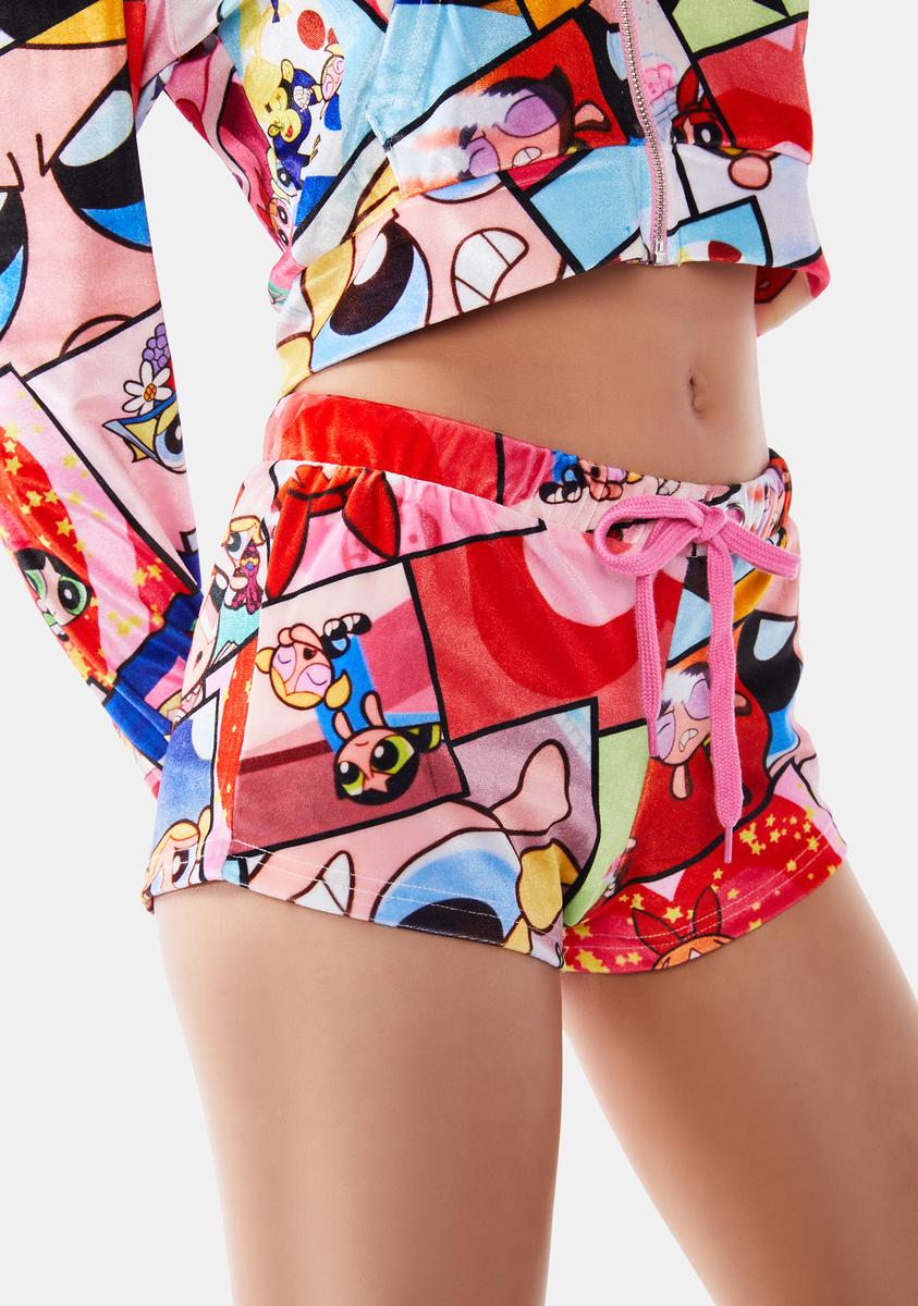 Power Of Three Velour Shorts Dolls Kill x The Powerpuff Girls,Specials : American Fashion Style Bags On Sale