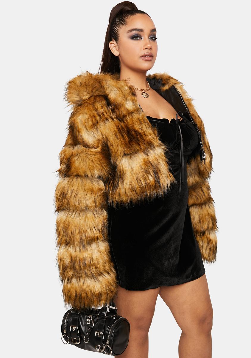 Plus Size Azalea Wang Faux Fur Cropped Hoodie Coat - Brown
