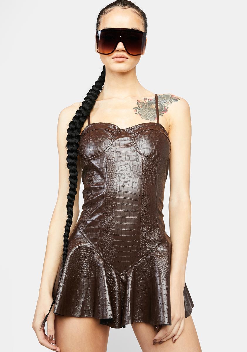 Faux Crocodile Fit & Flare Mini Dress - Brown – Dolls Kill