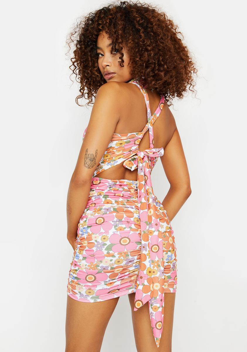 70s floral mini dress 70s Floral Cross Front Halter Tie Back Mini Dress – Dolls Kill