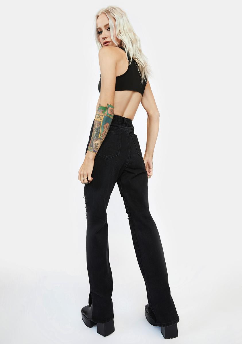 Momokrom Straight Leg Distressed Mom Jeans - Black – Dolls Kill