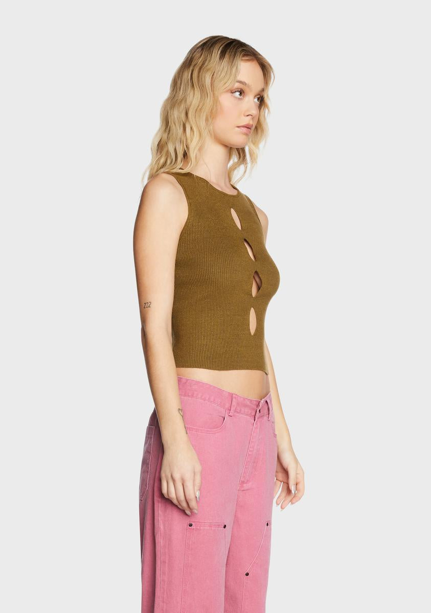 Pretty Garbage Ribbed Knit Keyhole Cut Out Sleeveless Crop Top - Olive ...