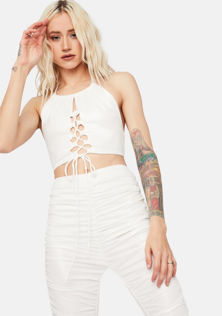 Lace Up Halter Neck Crop Top And Ruched Leggings Set - Ivory – Dolls Kill