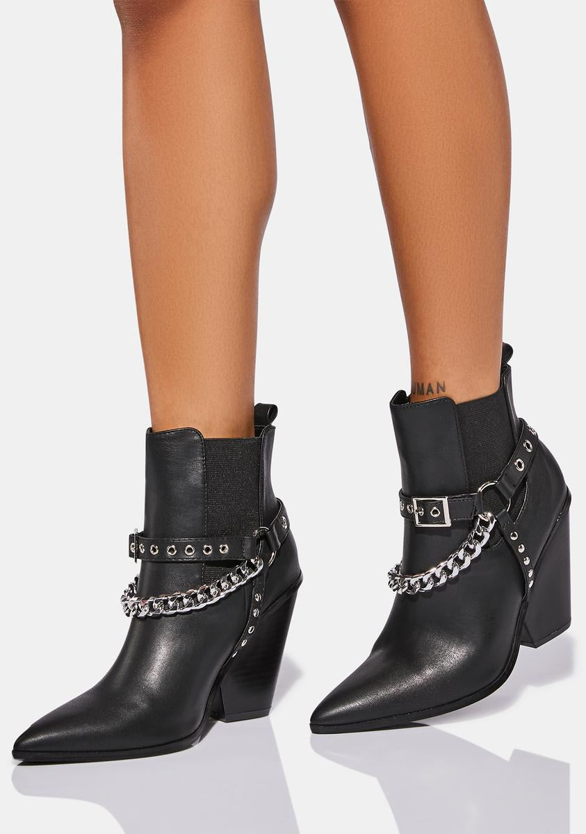 Vegan Leather Pointed Toes Chain Link Ankle Boots - Black – Dolls Kill