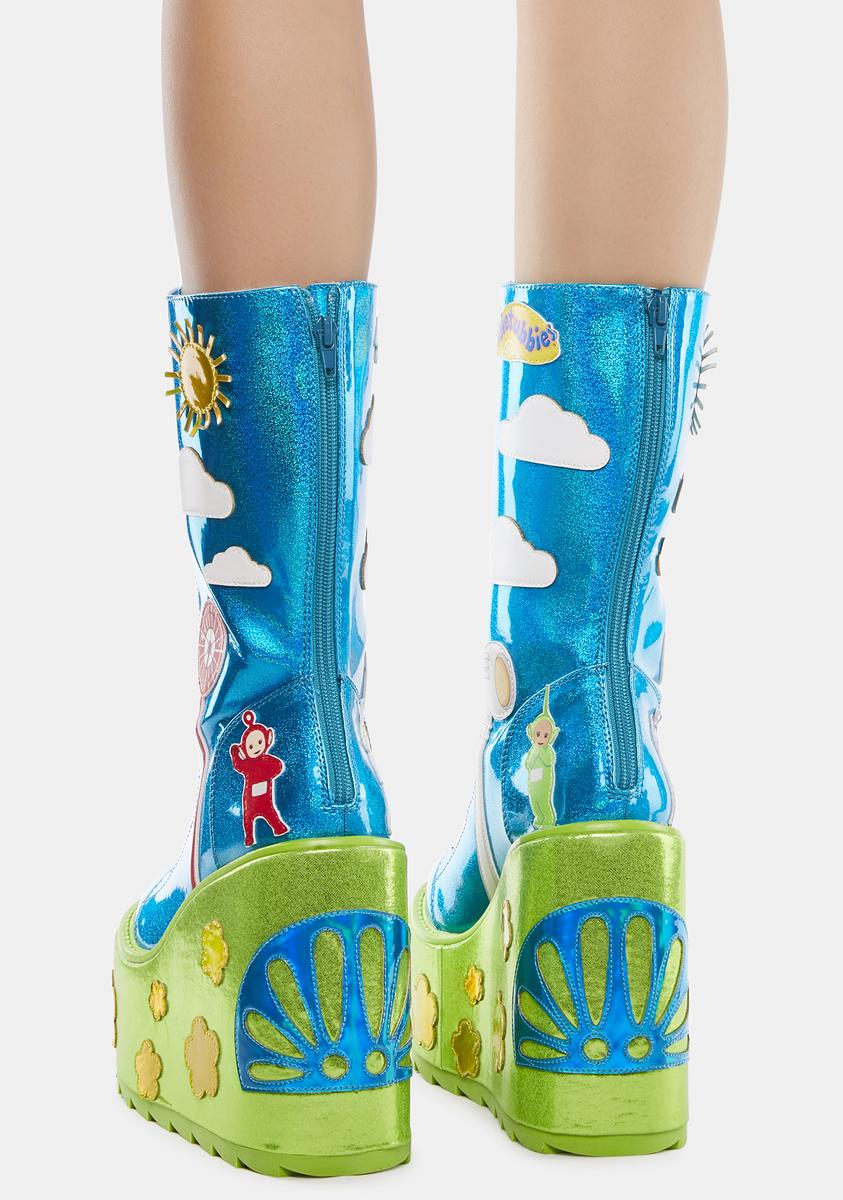 YRU x Teletubbies Holographic Tall Lace Up Platform Boots Blue/Green Dolls Kill