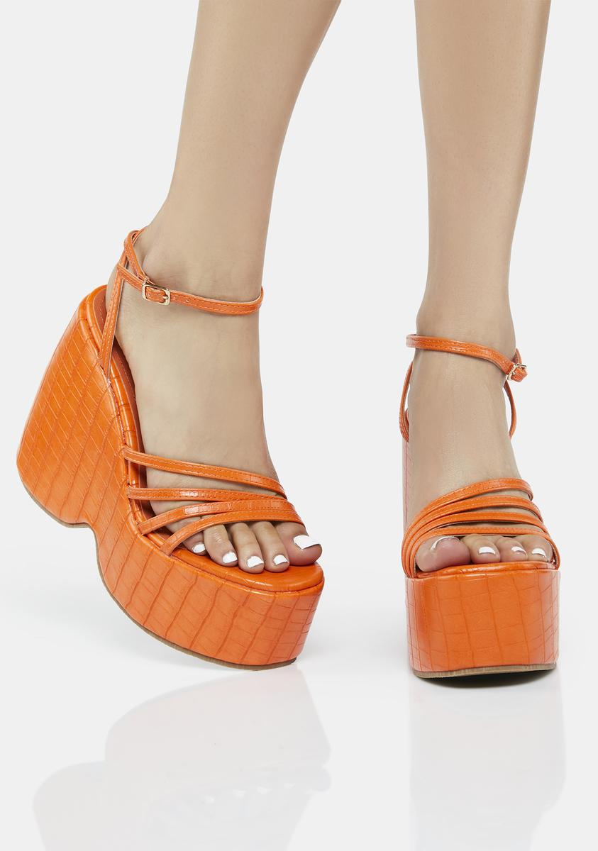 Vegan Leather Croc Texture Platform Wedge Sandals Orange Dolls Kill