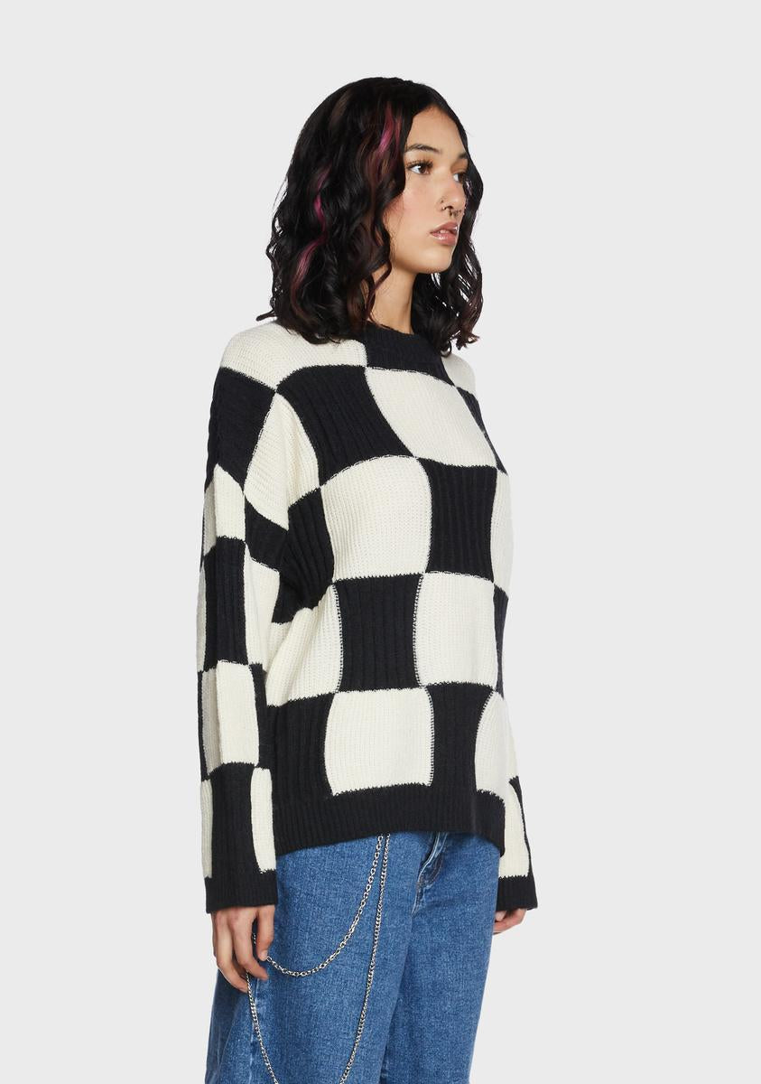 Checkered Pattern Ribbed Trim Knit Baggy Sweater main image 0
