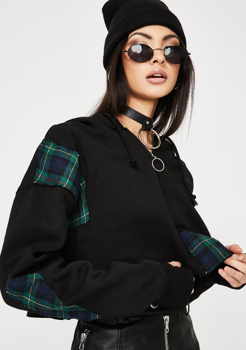 Current Mood Cropped Black Plaid Patch Hoodie – Dolls Kill