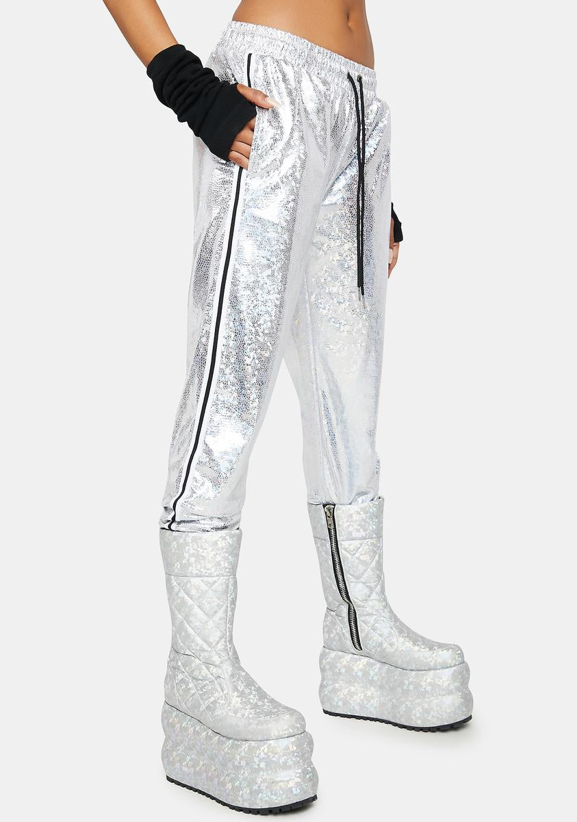 Lupe Silver Metallic Straight Leg High Rise Faux Leather Textured Trousers  | AmyLynn