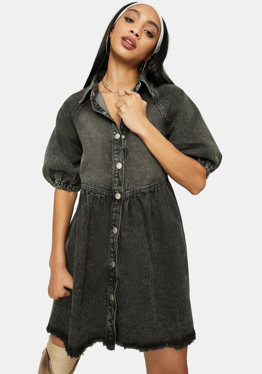 Denim Puff Sleeve Collared Babydoll Dress