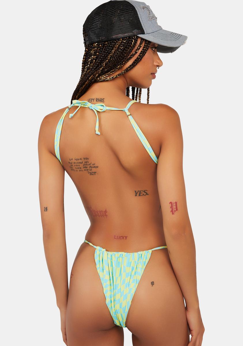 It's Now Cool Checkered Print Ruched String Bikini Bottoms