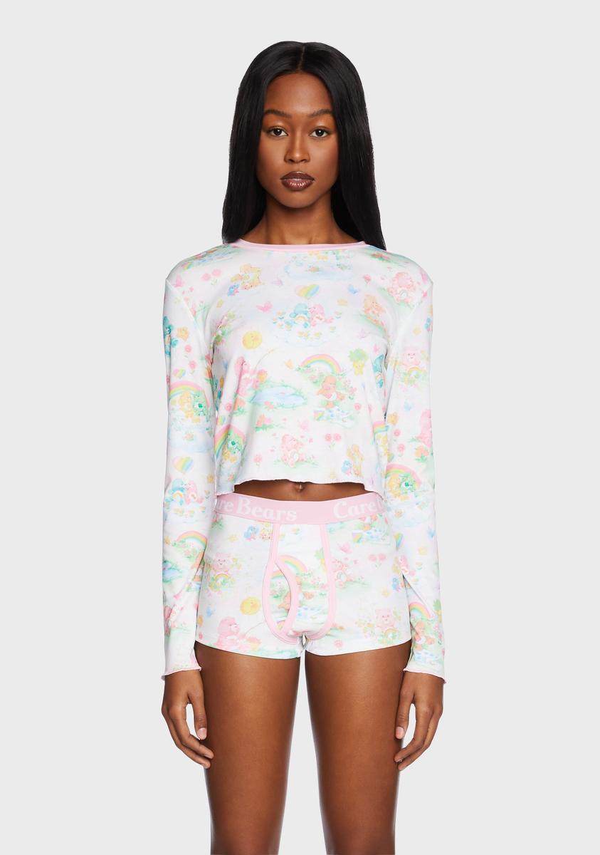 Dolls Kill x Care Bears Watercolor Rainbow Graphic Long Sleeve Tee - White