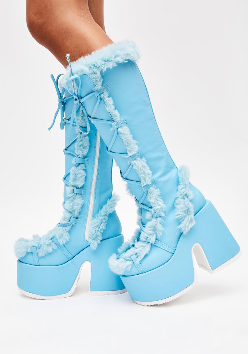 Demonia x Dolls Kill Camel-311 Faux Fur Knee High Platform Boots