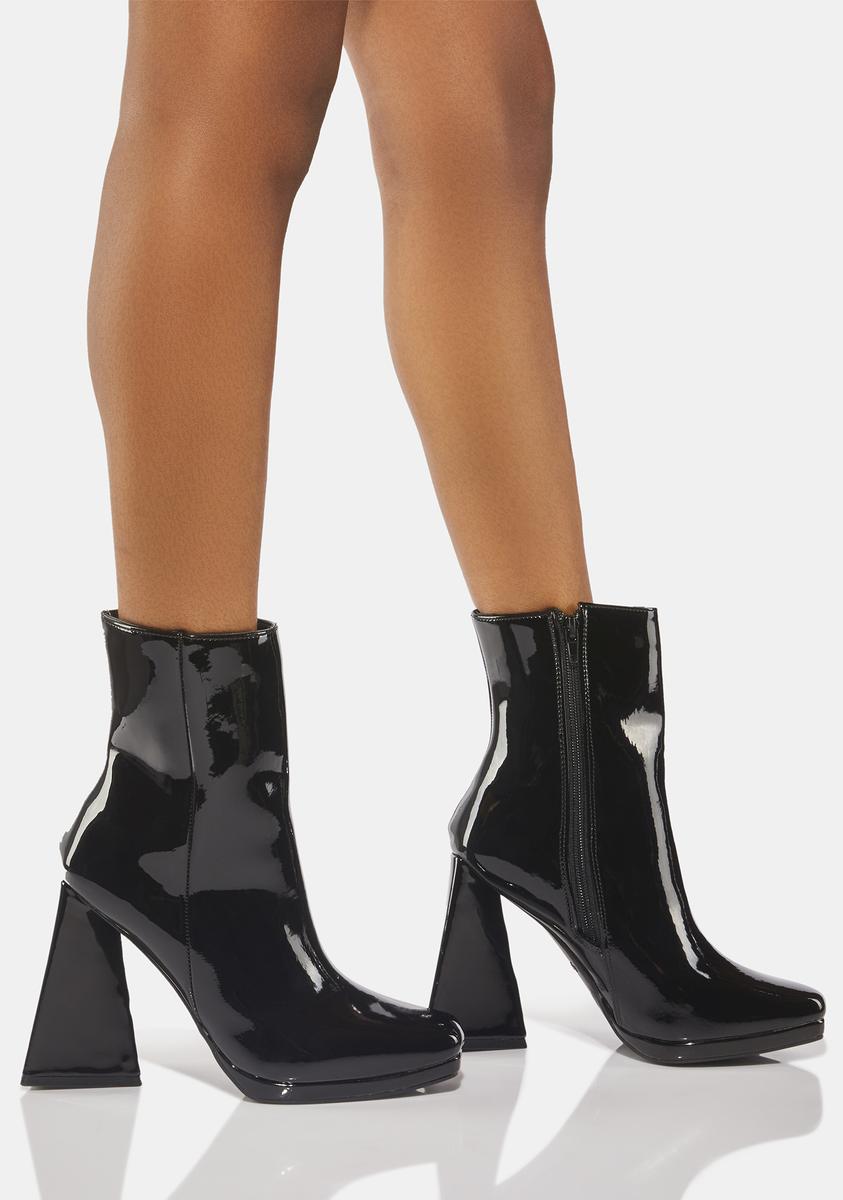 Patent Vegan Leather Square Toe Angled Block Heel Ankle Boots - Black ...