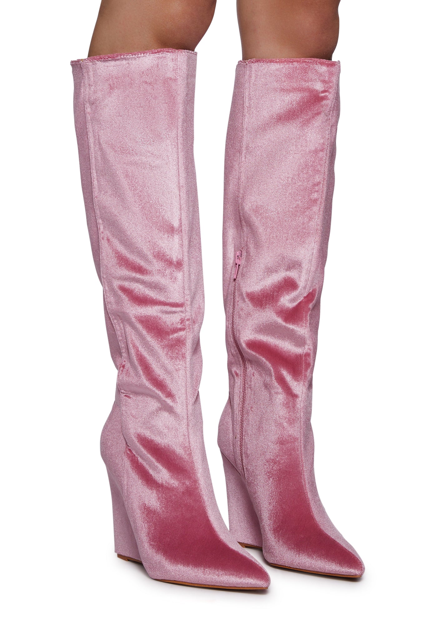 Pink velvet knee high boots outlet