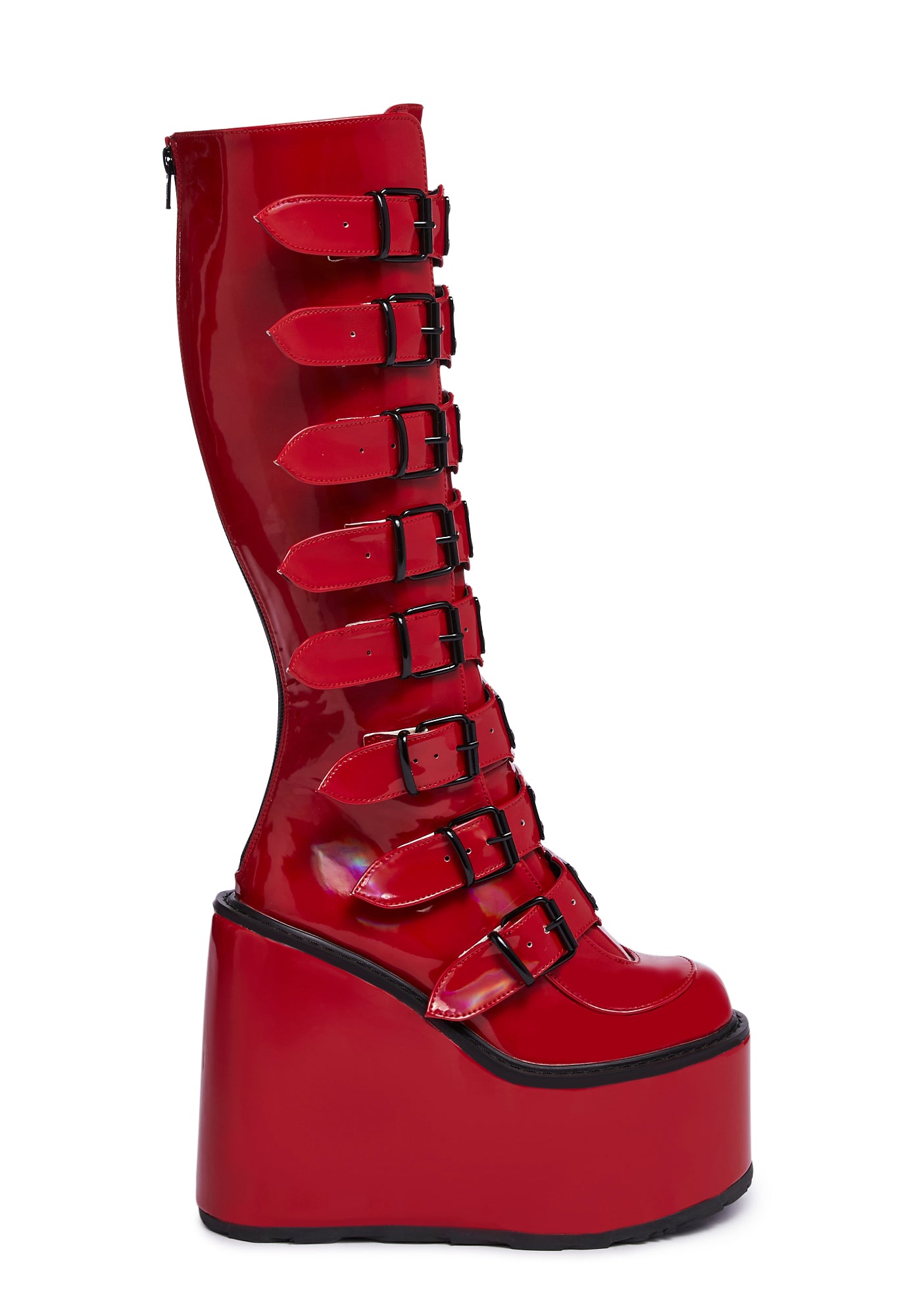 Demonia x Dolls Kill Swing-815 Boots - Red Holographic