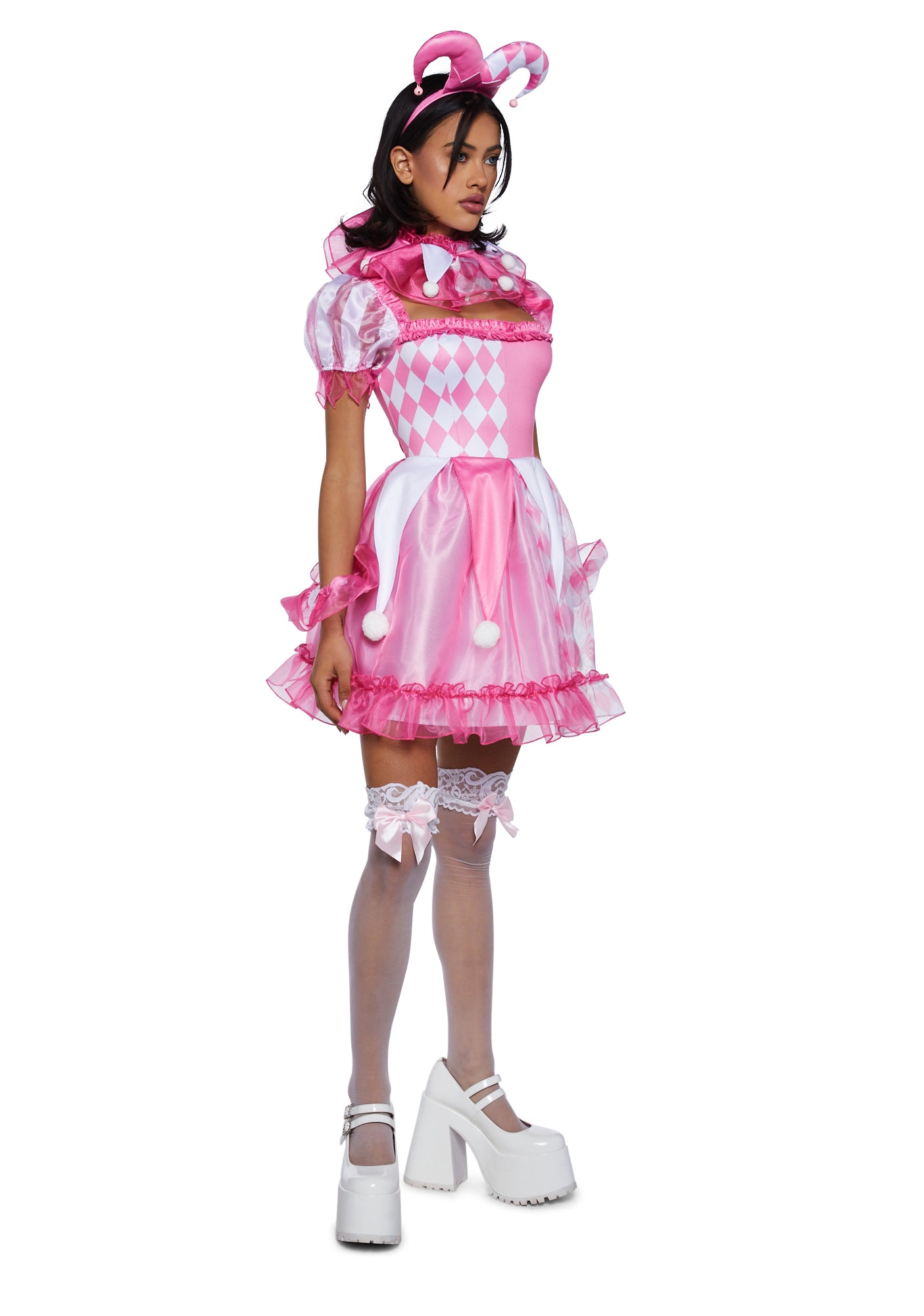 adult pink pastel clown dress costume HalloweenCostumes.com Large Women Pastel Diamond Clown Women's Costume, White/Pink/Green
