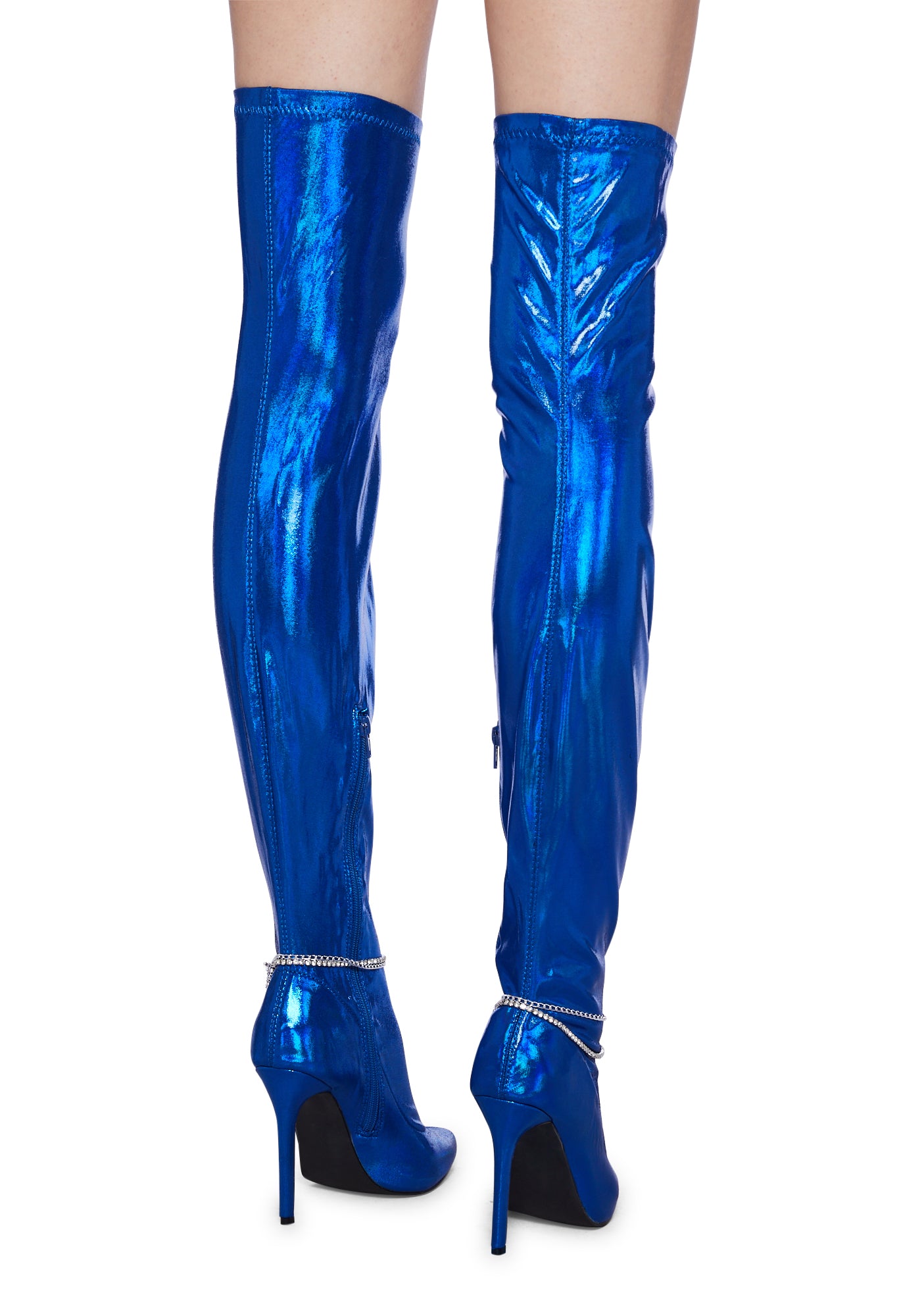 Metallic Thigh High Stiletto Boots Blue Dolls Kill