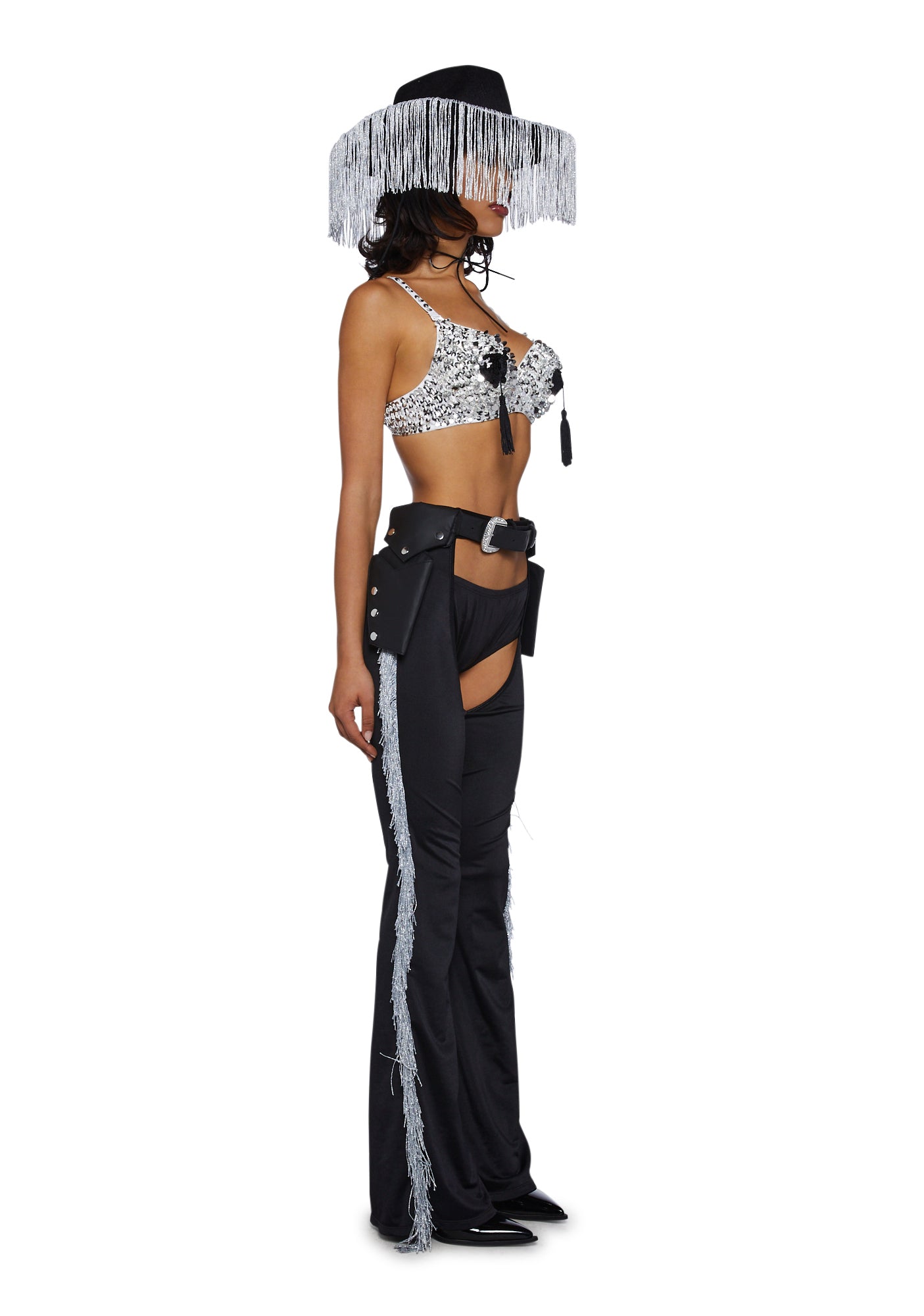 Trickz N' Treatz Sexy Fringe Rhinestone Cowgirl Costume Black