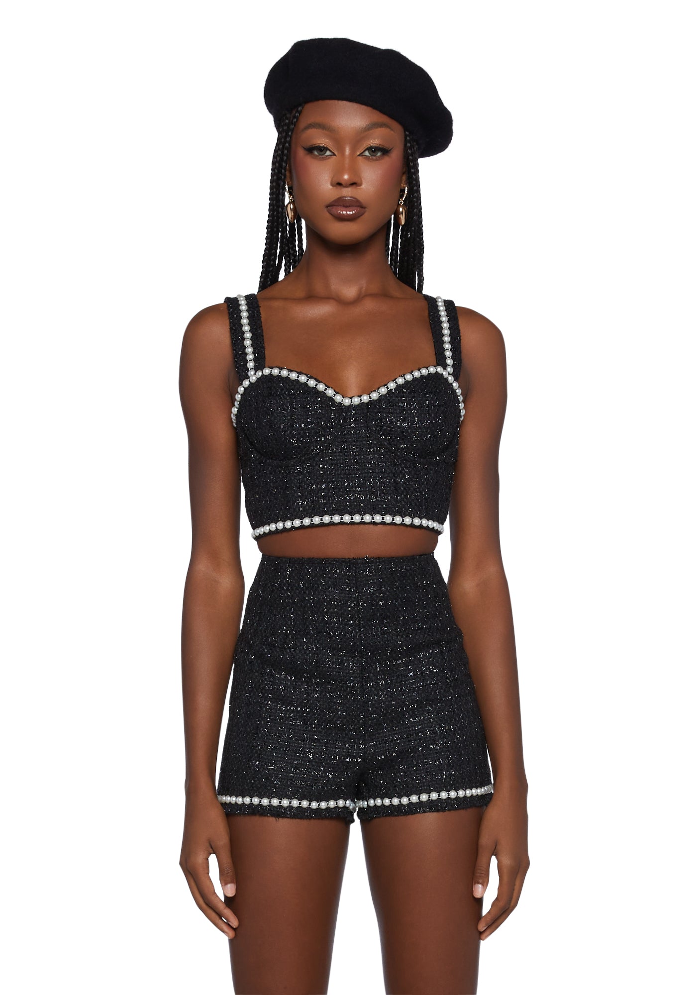 Sugar Thrillz Pearl Trim Tweed Top And Jacket Set - Black – Dolls Kill