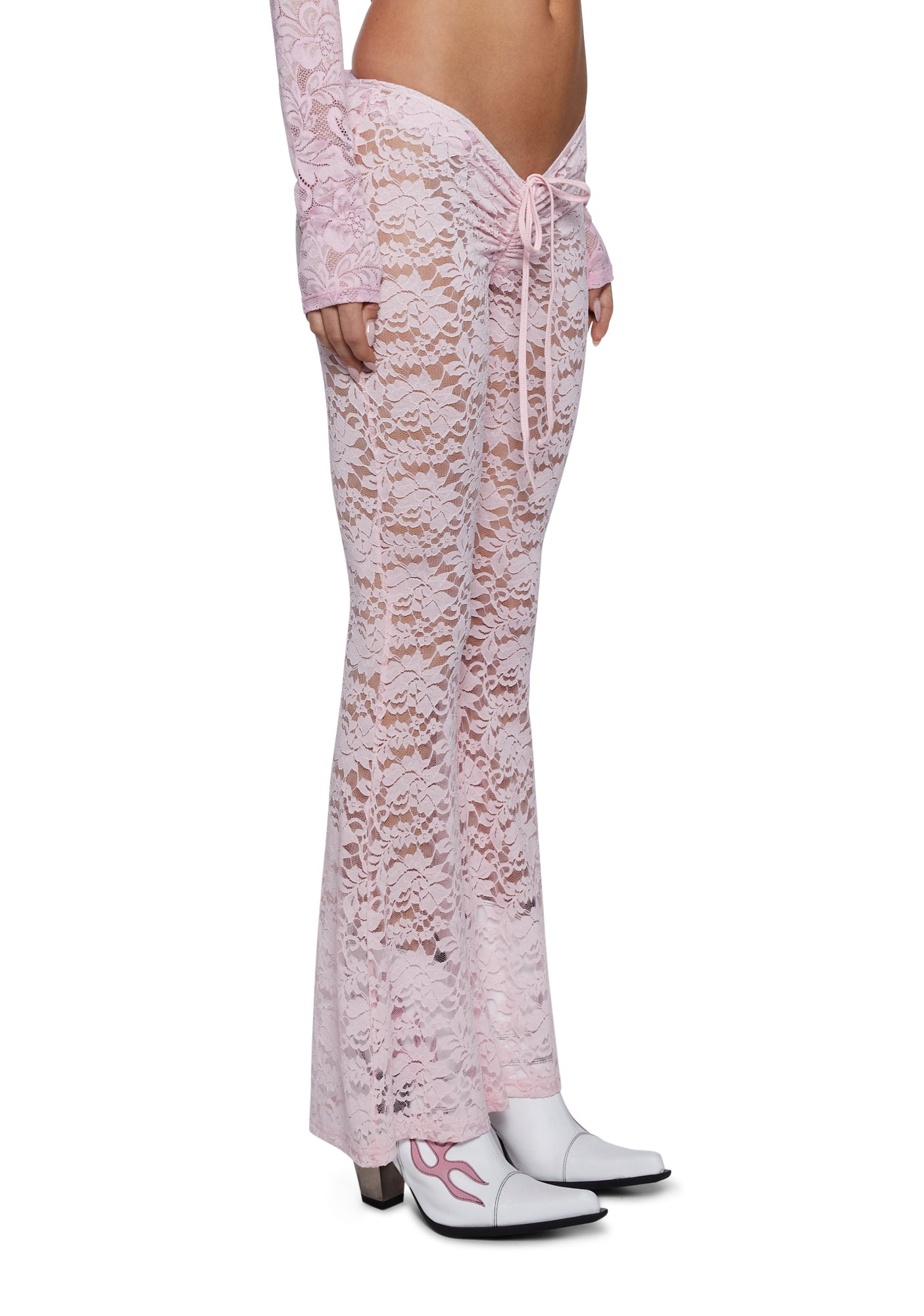 Sugar Thrillz Lace Flared V-Cut Leggings Pants - Pink