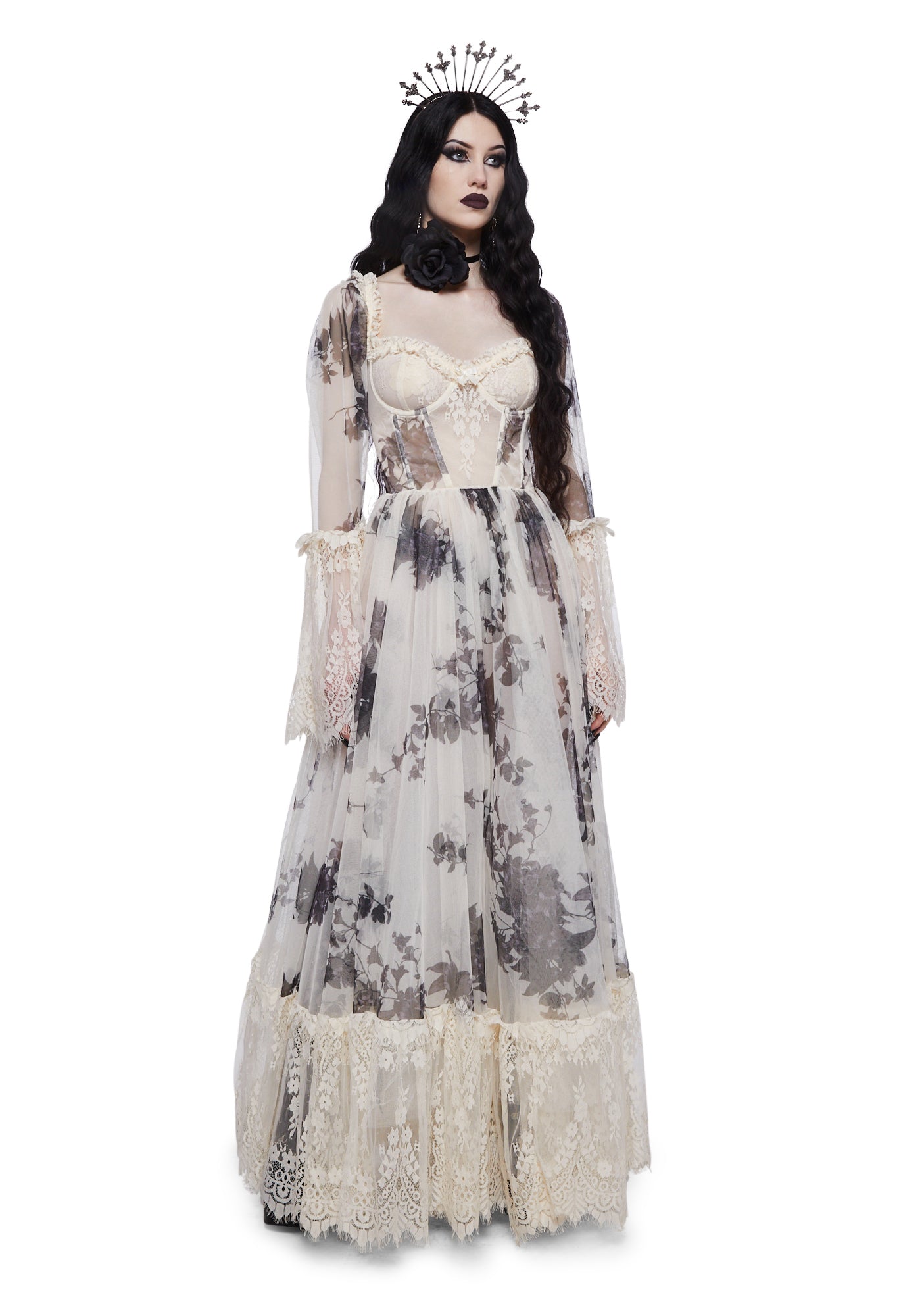 Widow Gothic Floral Lace Bustier Long Sleeve Maxi Gown - White – Dolls Kill