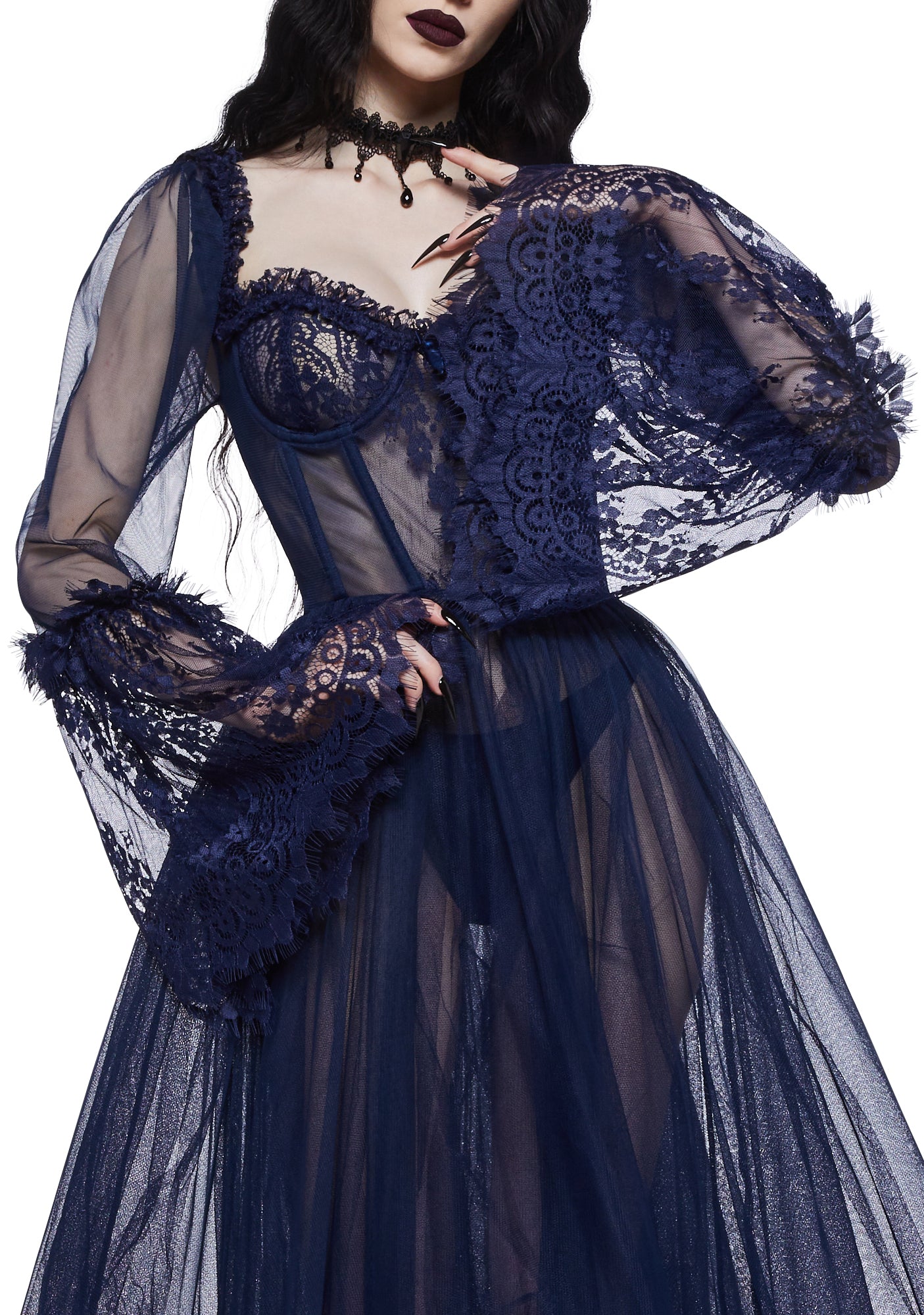 Widow Gothic Lace Bustier Long Sleeve Maxi Gown