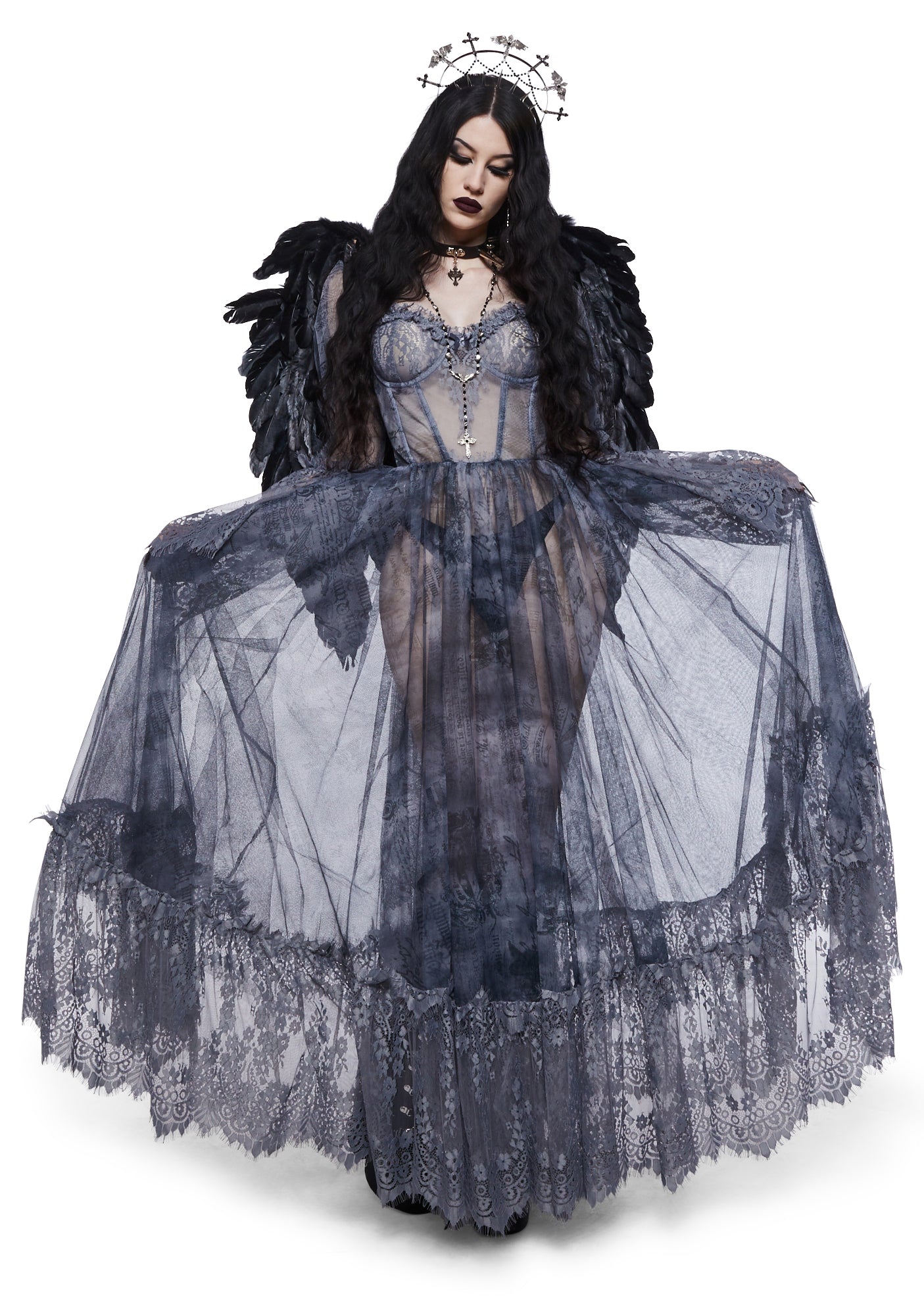 Widow Script Print Gothic Lace Bustier Long Sleeve Maxi Gown