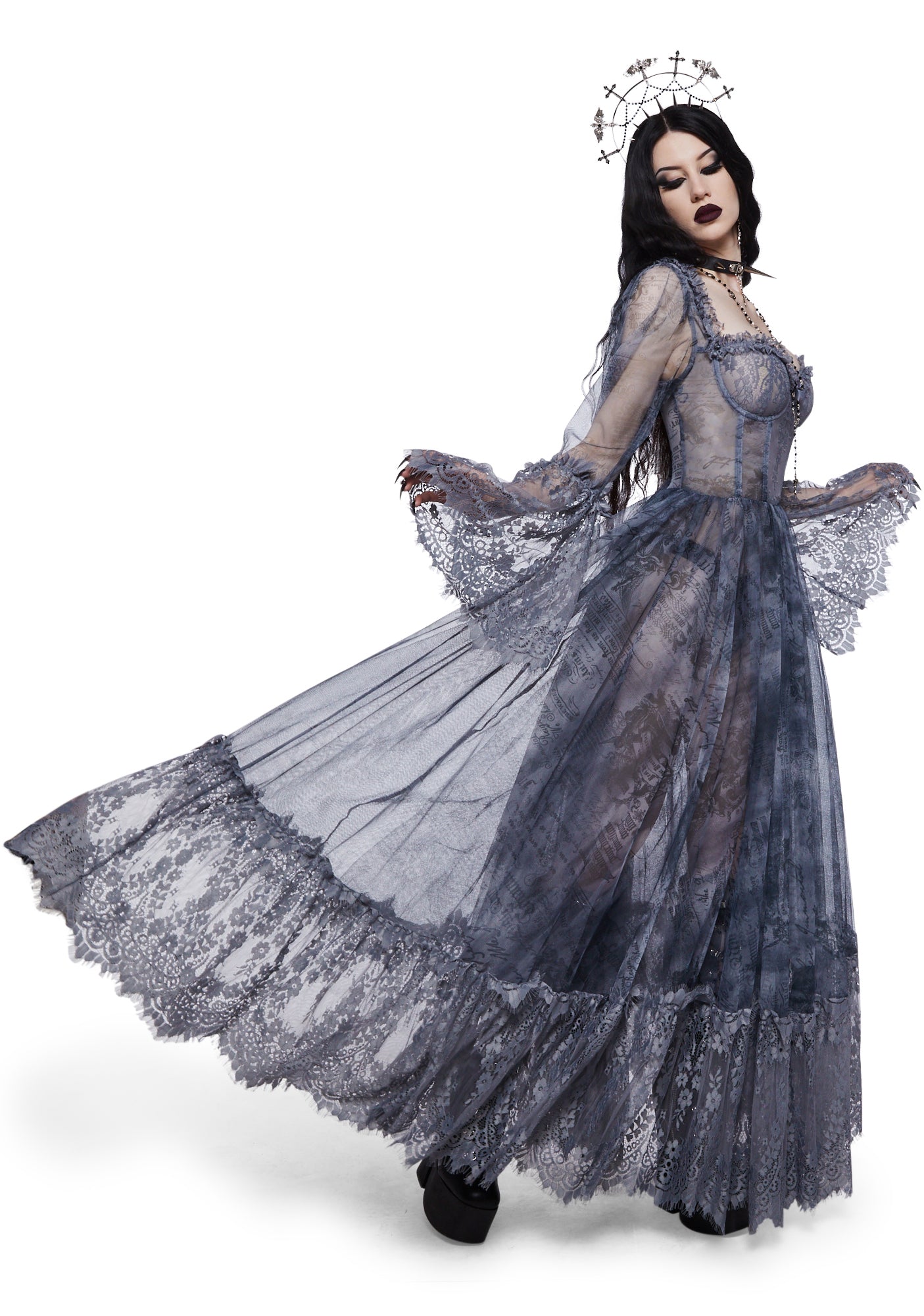 Widow Script Print Gothic Lace Bustier Long Sleeve Maxi Gown - Multi   Dolls Kill