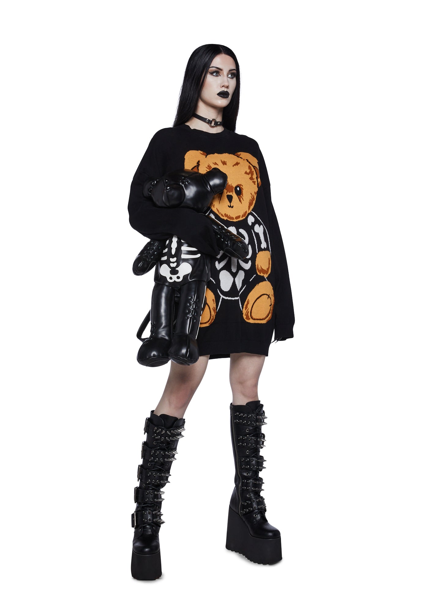 Trickz N' Treatz Skeleton Teddy Bear Oversized Sweater Black Dolls Kill