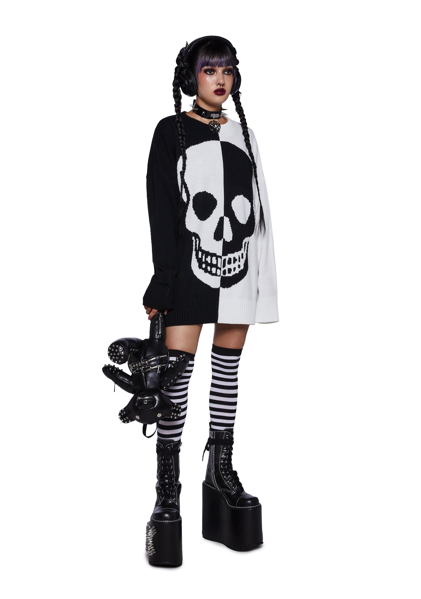 Trickz N Treatz Skull Oversized Knit Sweater - Black/White