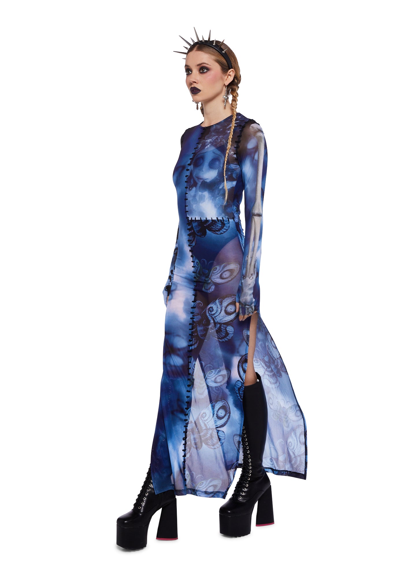 Dolls Kill x The Corpse Bride Mesh Maxi Graphic Dress With Bodysuit - Blue