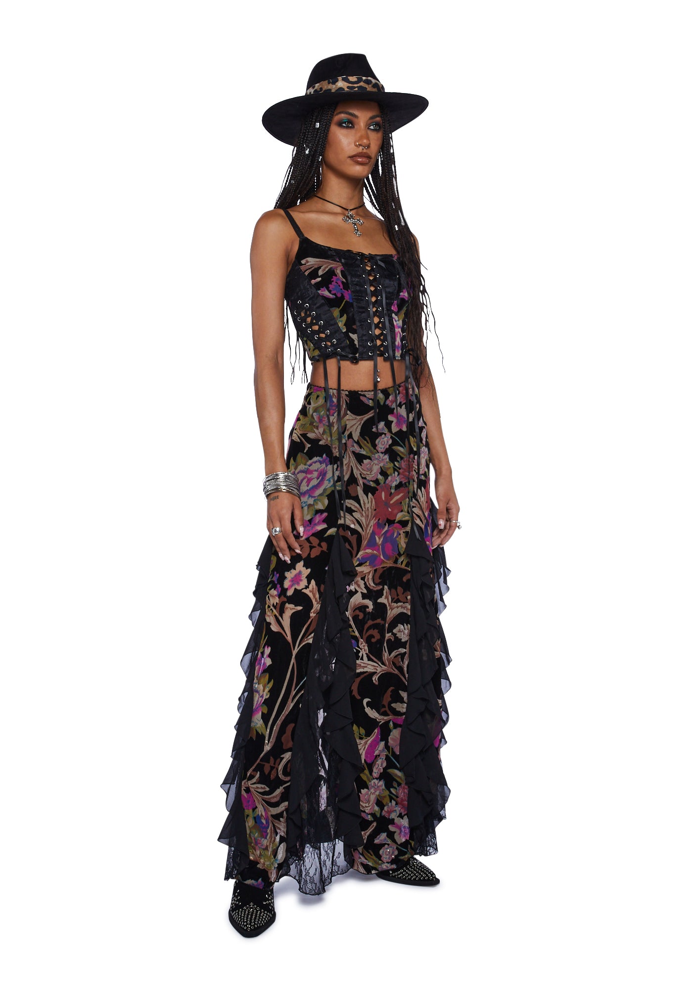 Current Mood Velvet Lace Floral Print Maxi Skirt Multi Dolls Kill