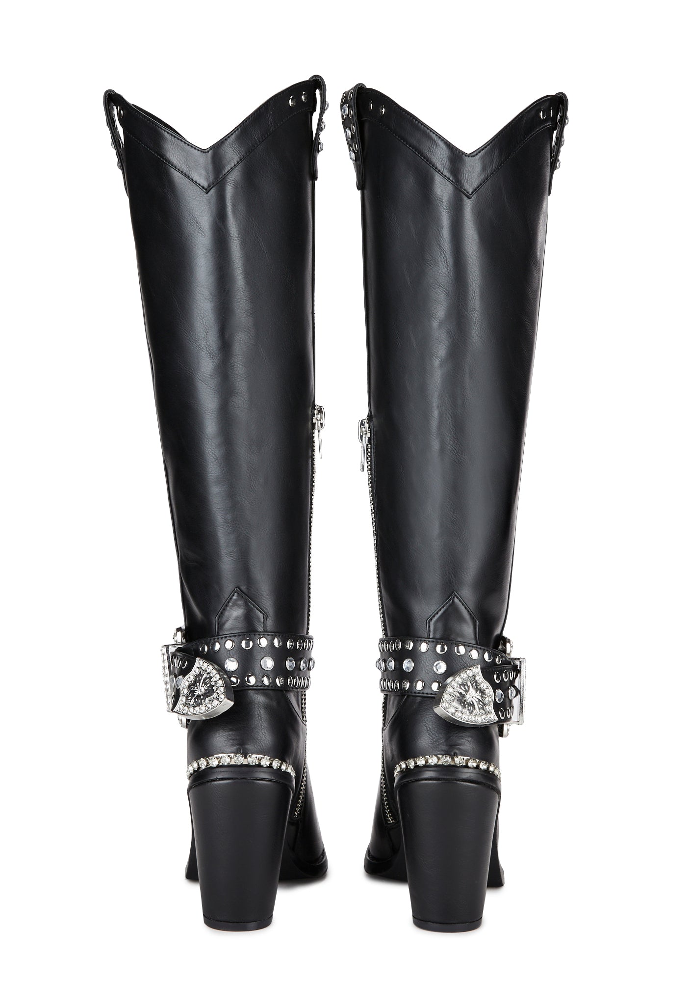 Club Exx Vegan Leather Rhinestone Knee High Boots - Black – Dolls Kill