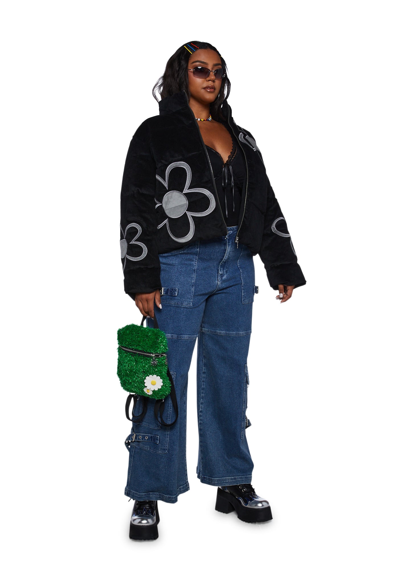 Plus Size Delia's Daisy Graphic Corduroy Puffer Jacket - Black – Dolls Kill