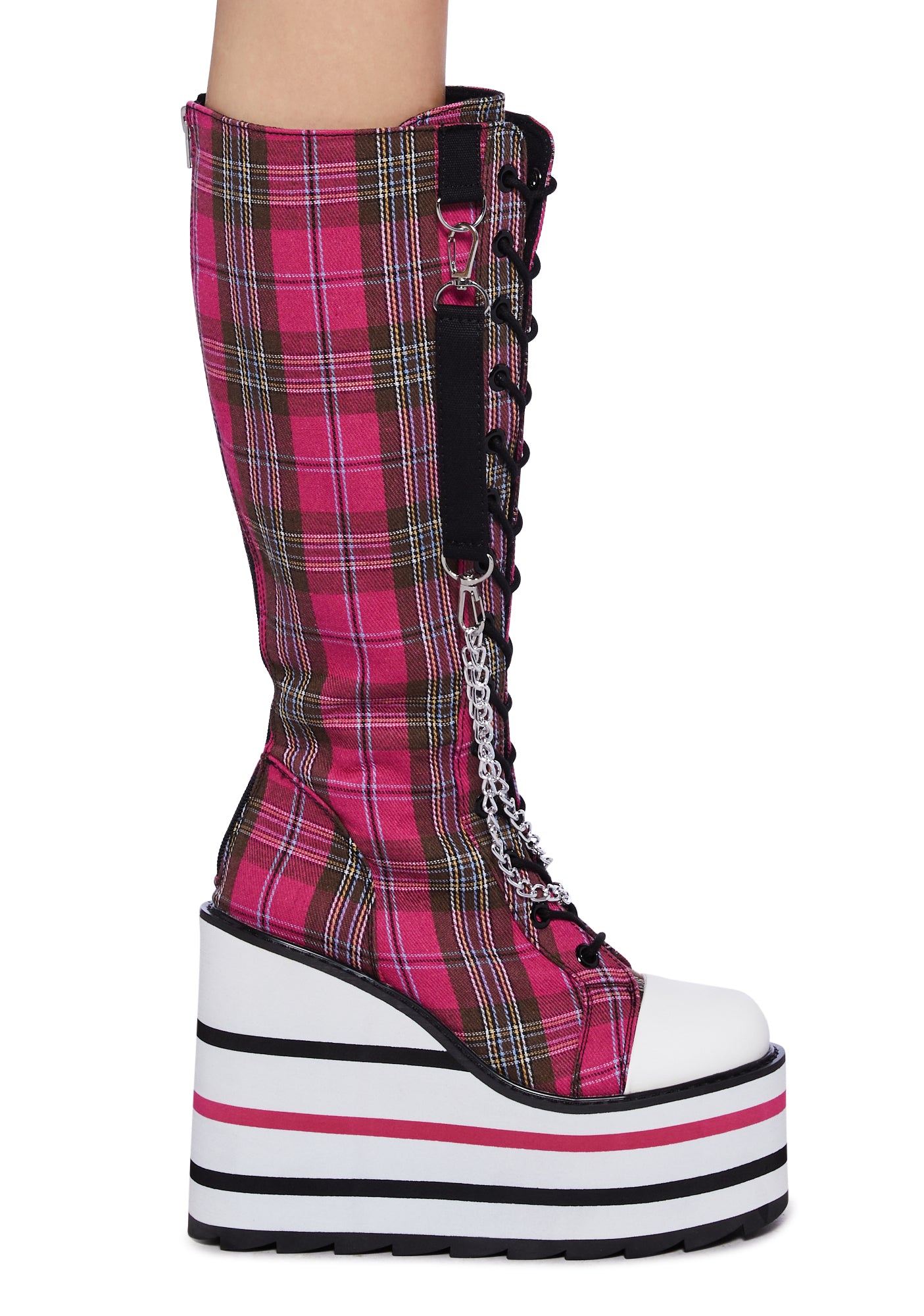 Y.R.U. Plaid Metal Chain Platform Boots Pink Dolls Kill