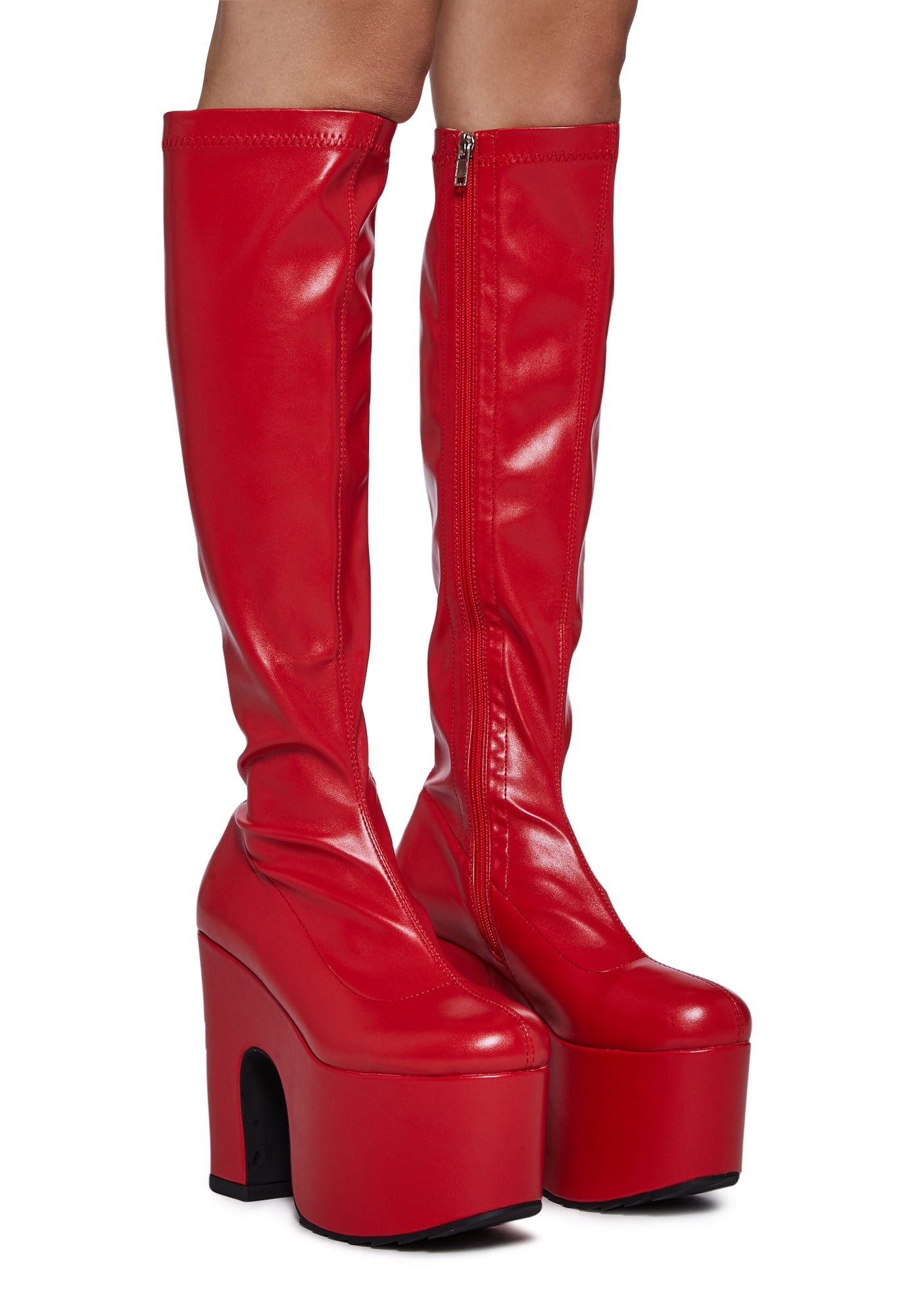 Red pvc knee high boots clearance