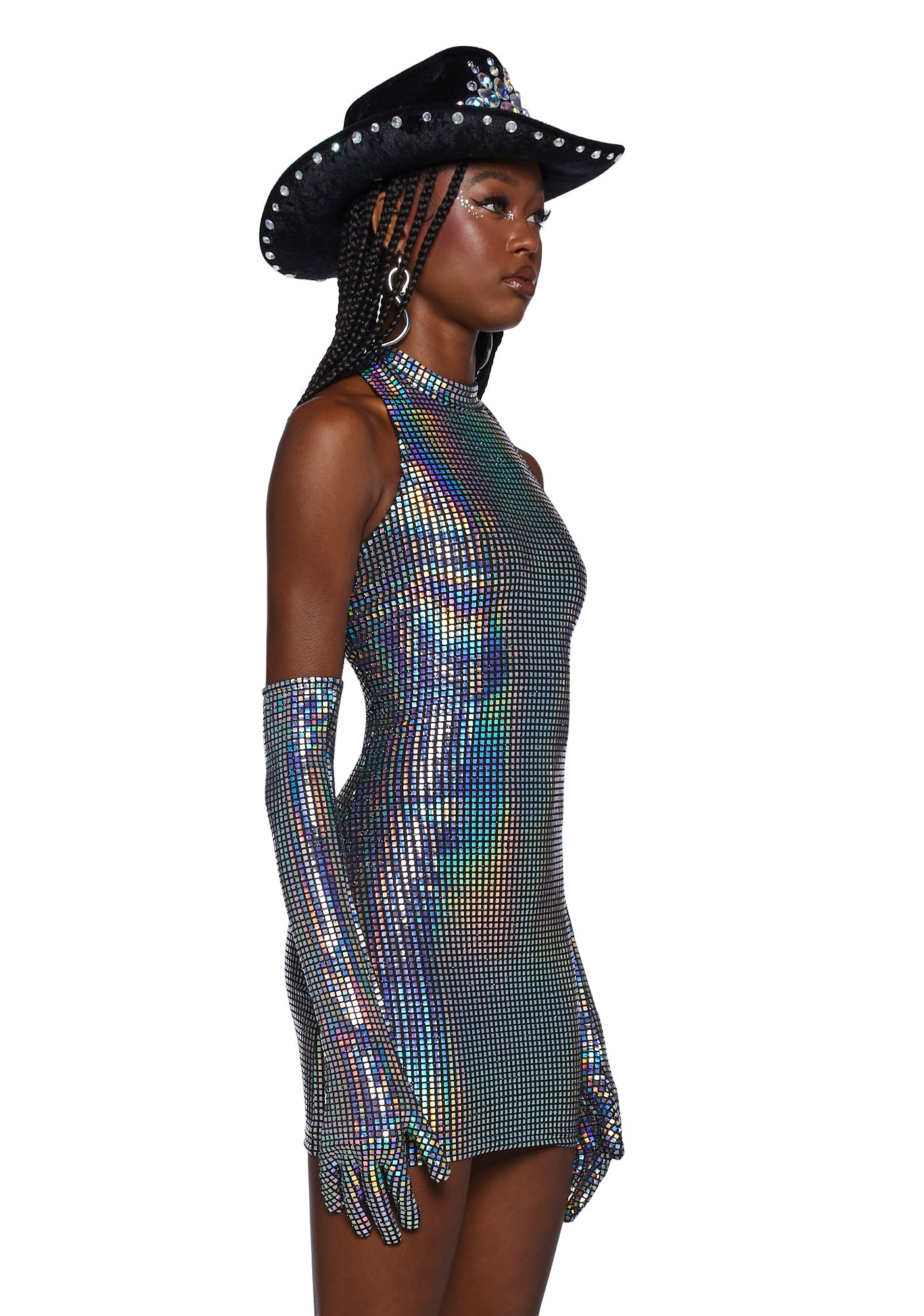 Club Exx Mirrored Sequin Holographic Mini Dress And Gloves - Silver  Dolls  Kill