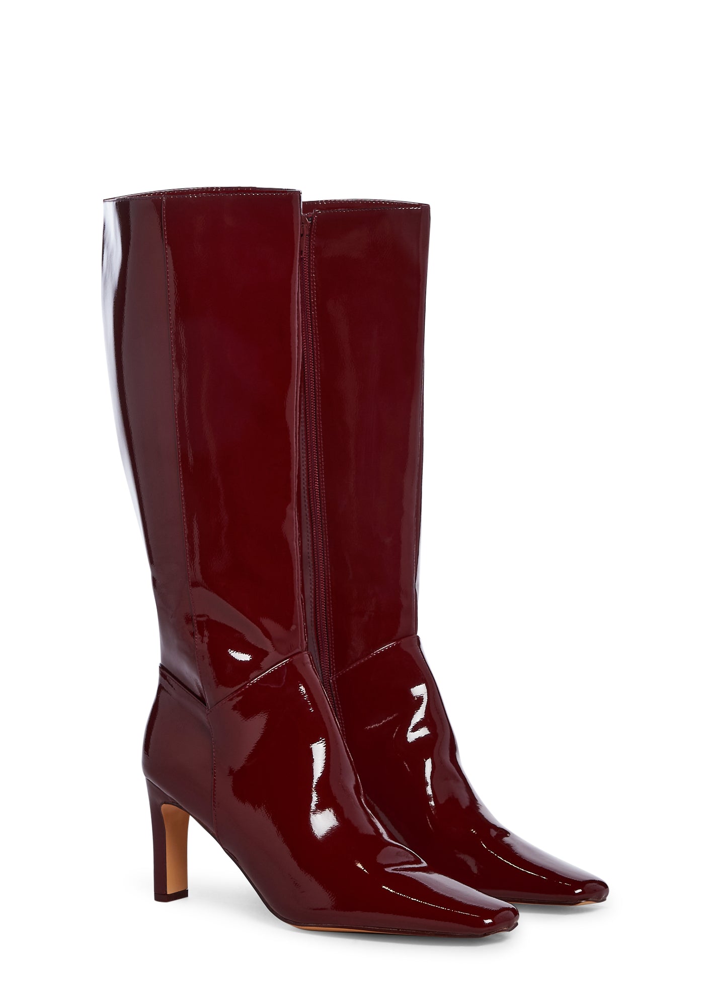 Public Desire Vinyl Vegan Leather Slim Block Knee High Boots Red