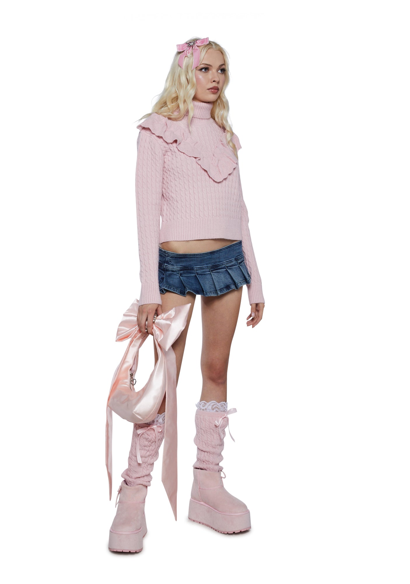 Sugar Thrillz Cable Knit Ruffled Sweater - Light Pink – Dolls Kill