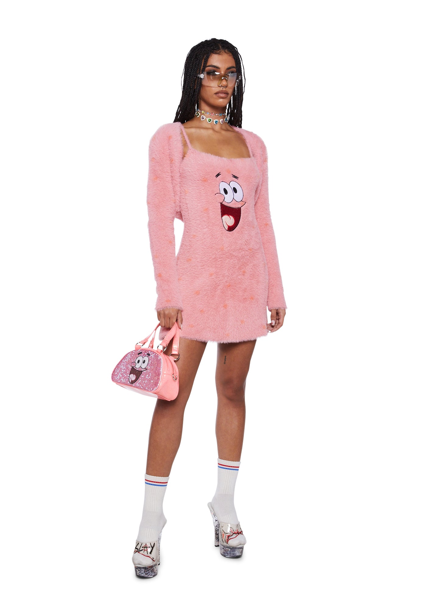 Kill Spongebob Patrick Fuzzy Embroidered Mini Dress And Set - Pink