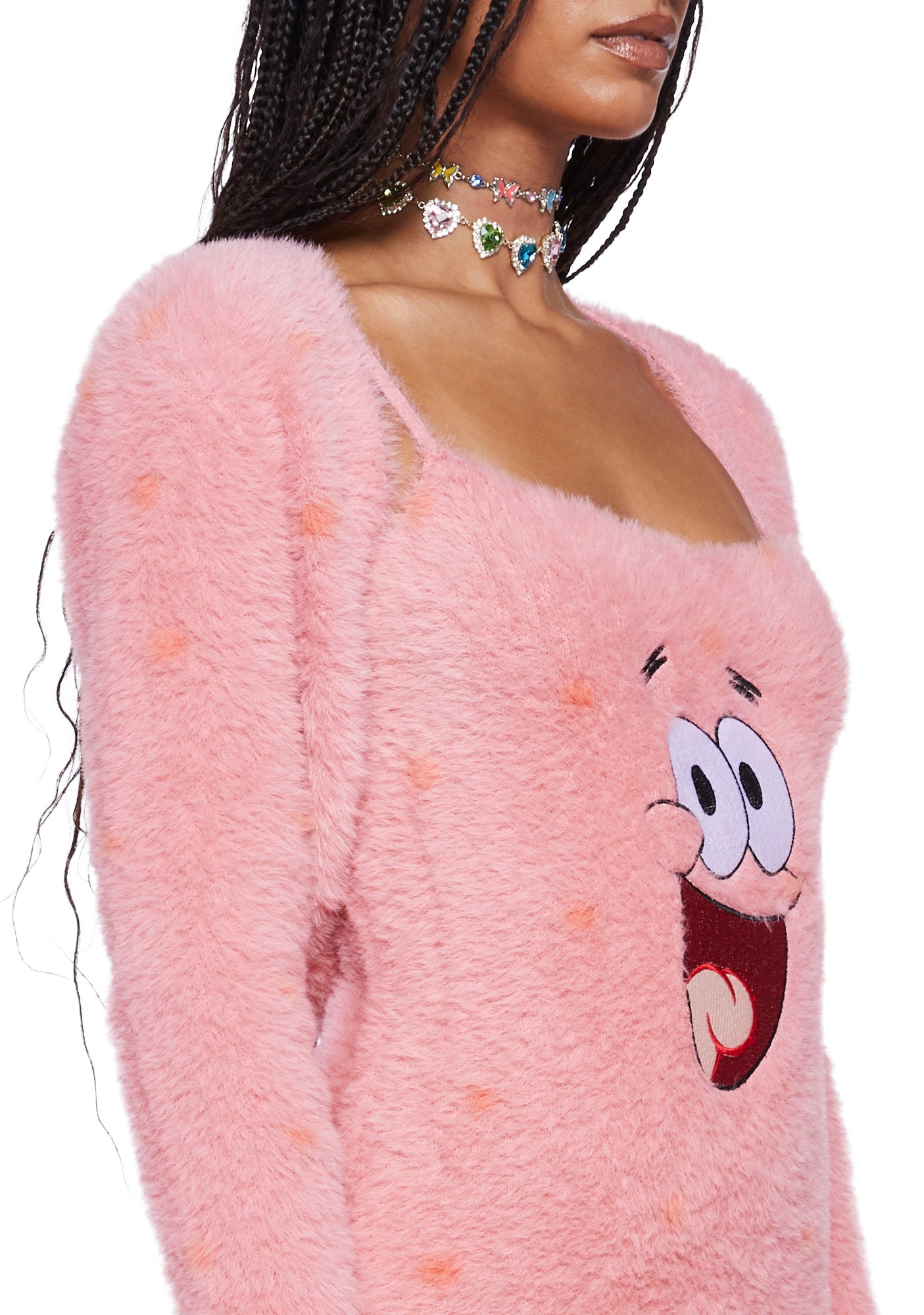 Dolls Kill x Spongebob Sexy Womans Halloween Costume Patrick Fuzzy Knit  Embroidered Mini Dress And Shrug Set