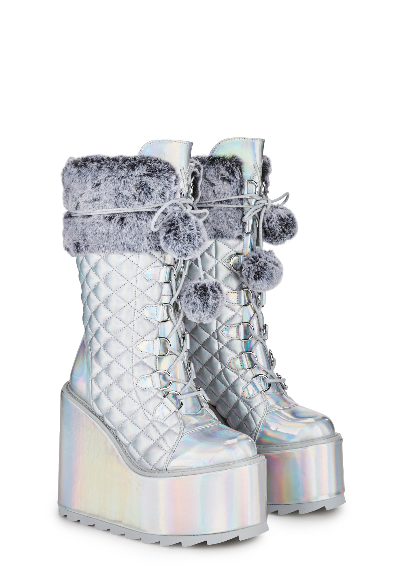 Y.R.U. Holo Faux Fur Quilted Boots Silver Dolls Kill