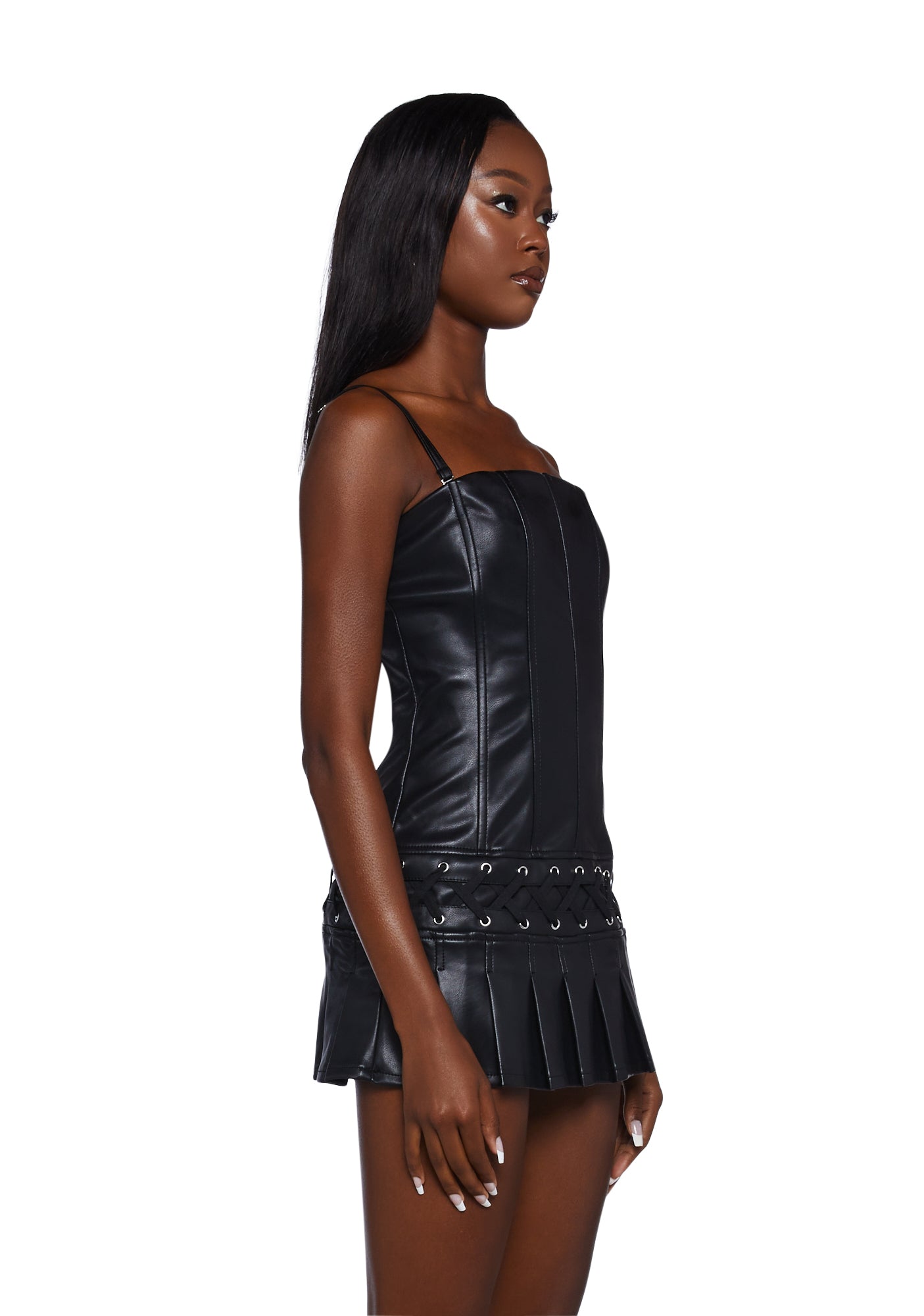 FAUX LEATHER MINI DRESS - Black