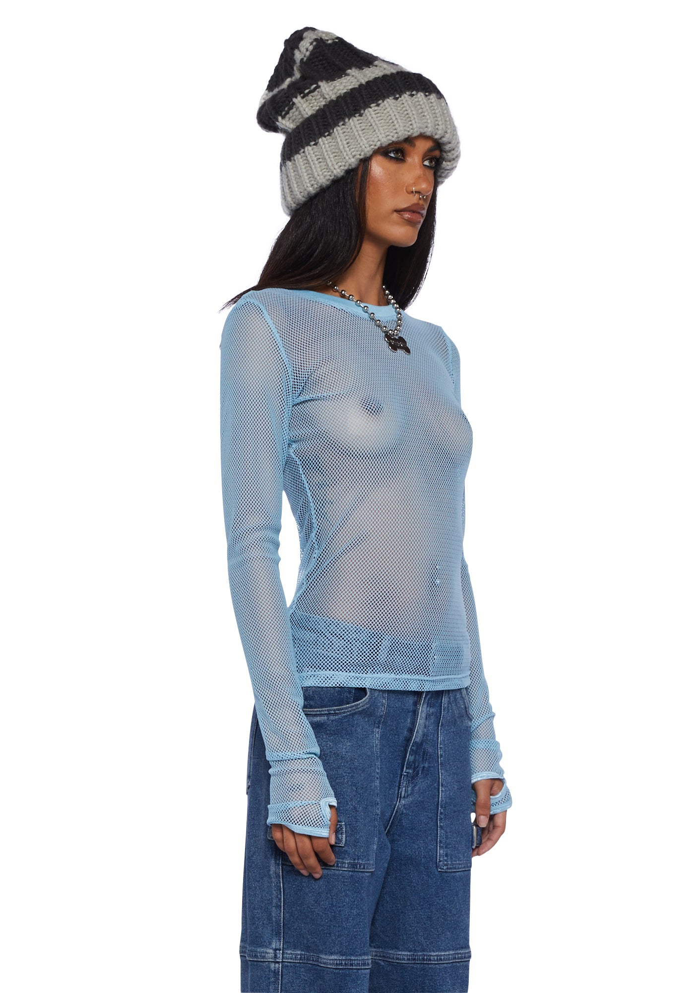 Current Mood Long Sleeve Fishnet Top Baby Blue Dolls Kill