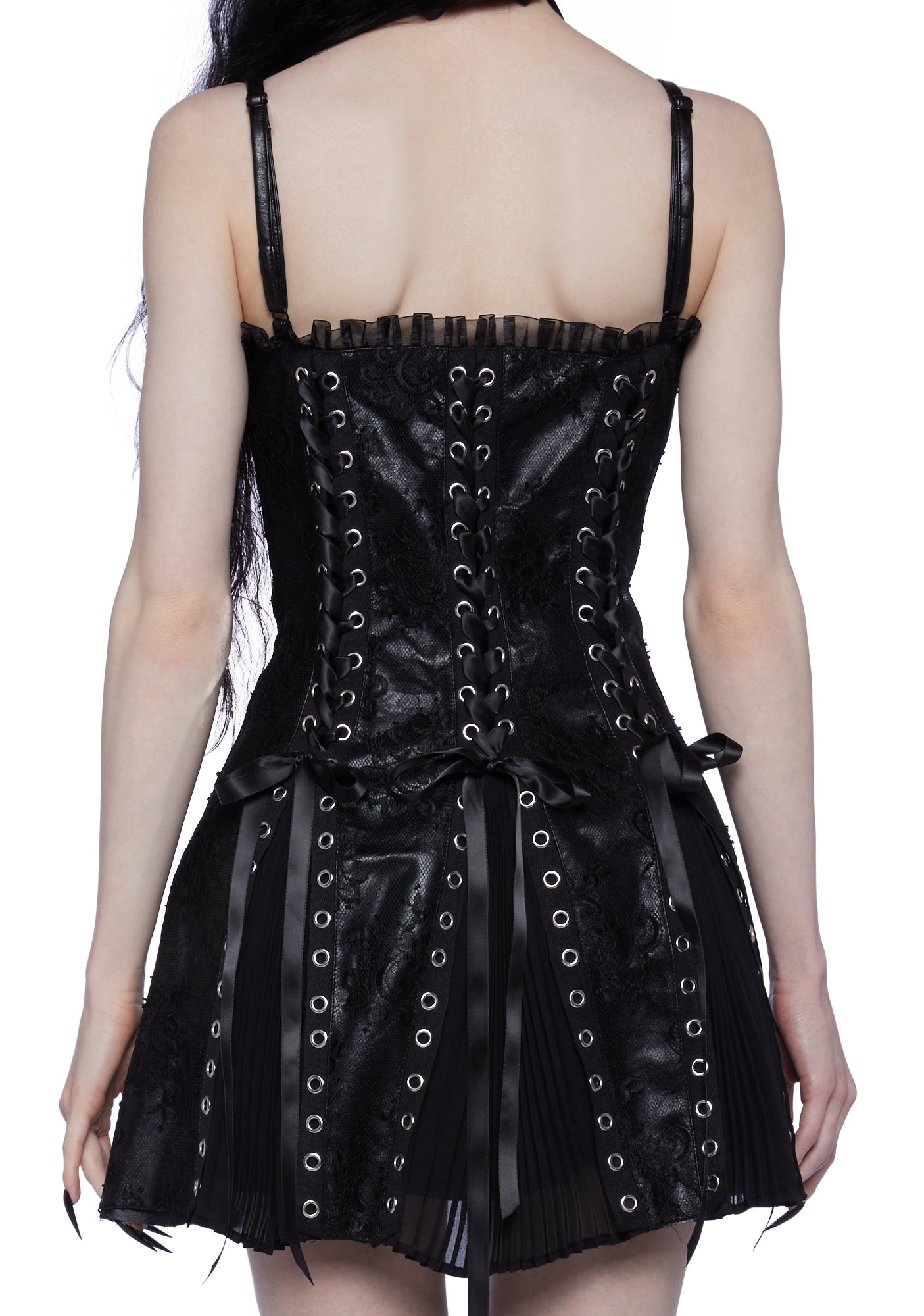 Unholy Lace Vegan Leather Grommet Lace Up Mini Dress