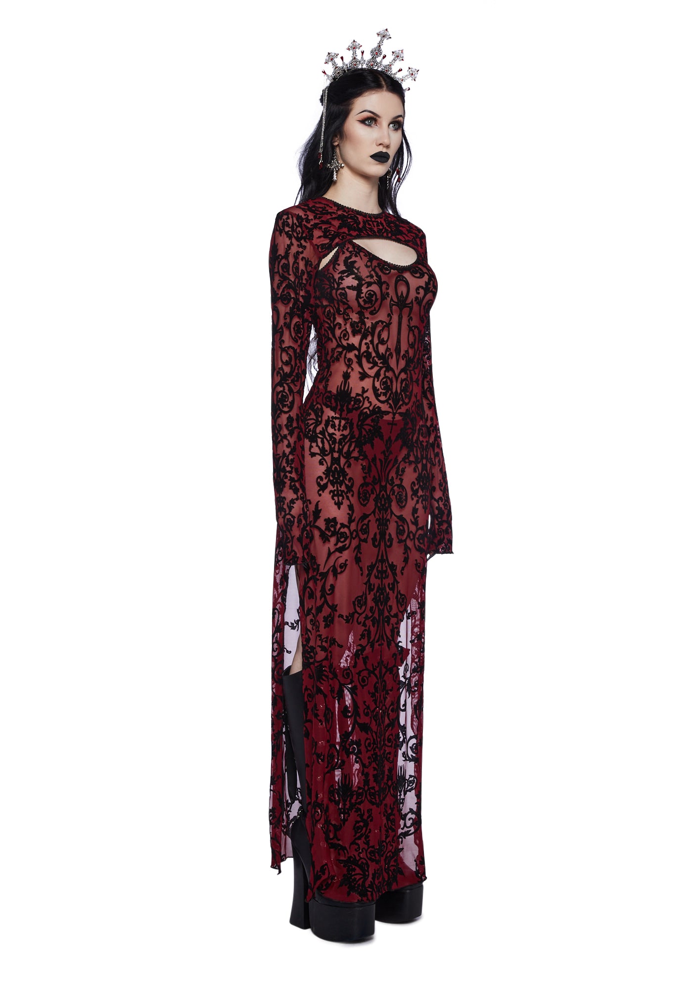 fitted lace wedding dress Widow Mesh Maxi Dress Shrug Set- Red – Dolls Kill