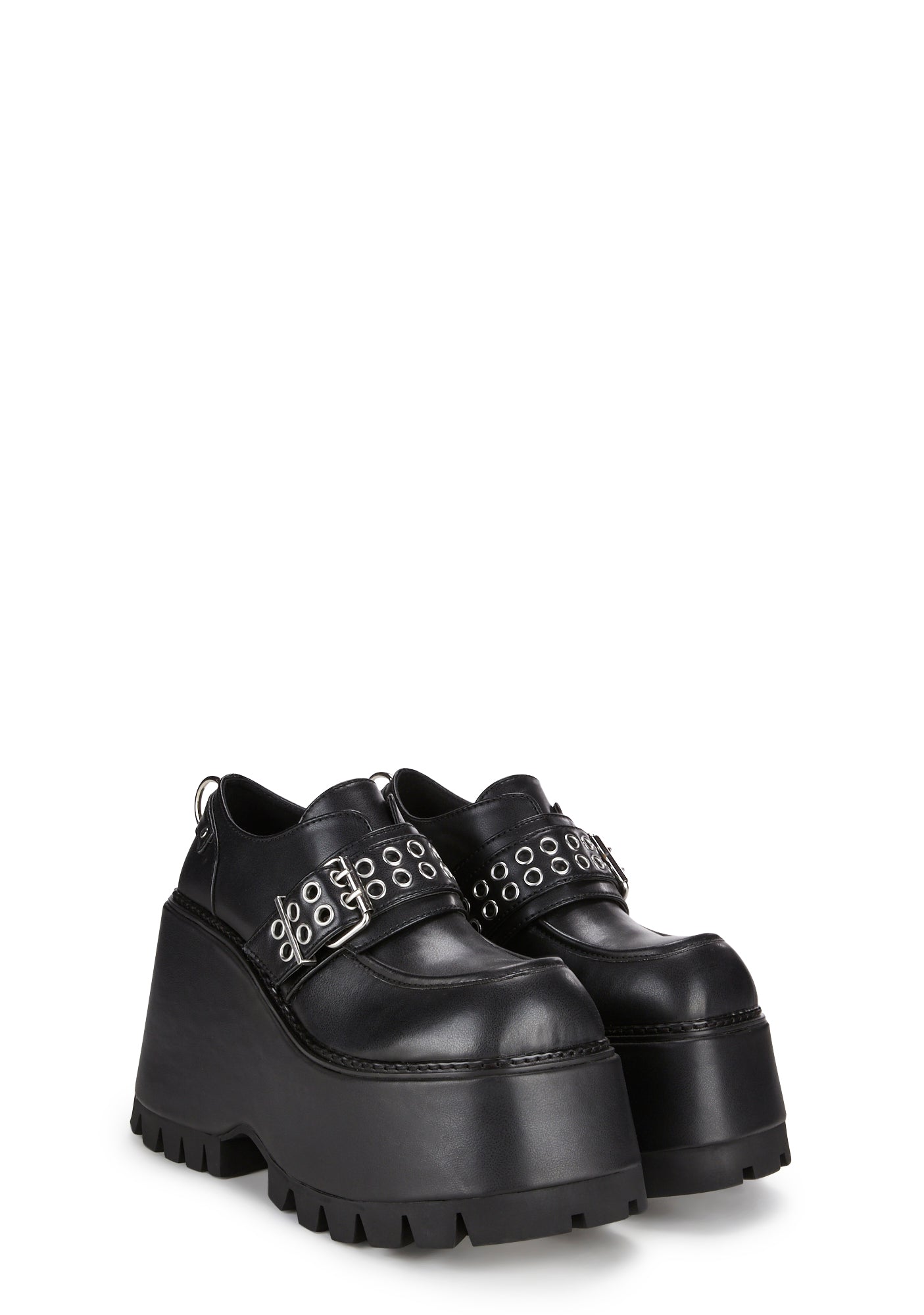 Current Mood Buckled Grommet Strap Platform Loafers - Black